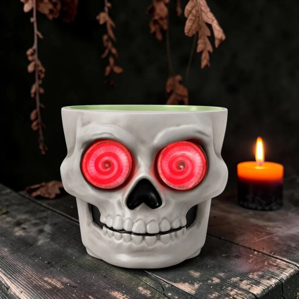 Halloween Skull Candy Bowl Glow Red Spiral Eyes White Ceramic Planter Decor